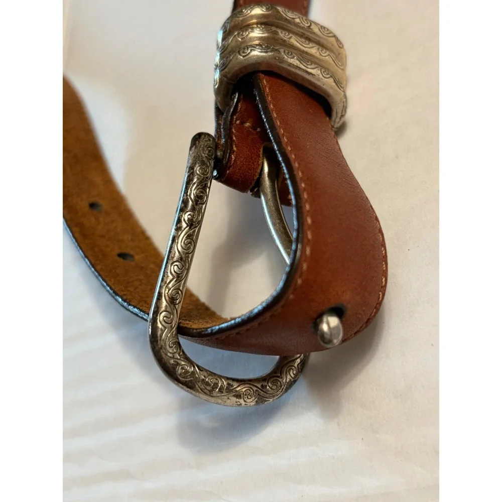 Brighton Brown Leather Belt Silver Engraved Scroll Buckle Triple Keeper Western